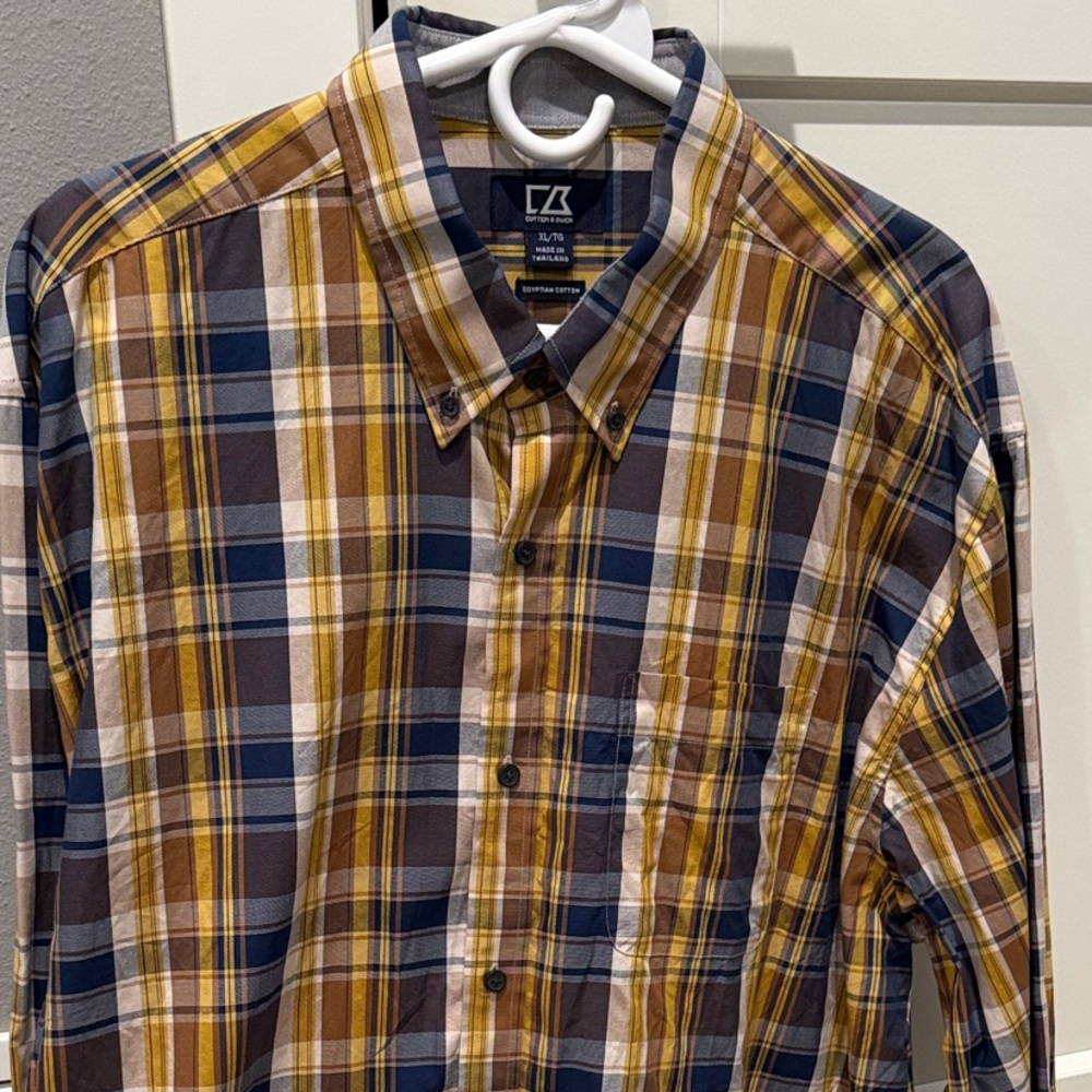 Cutter & Buck Men's Blue and Yellow Plaid Shirt